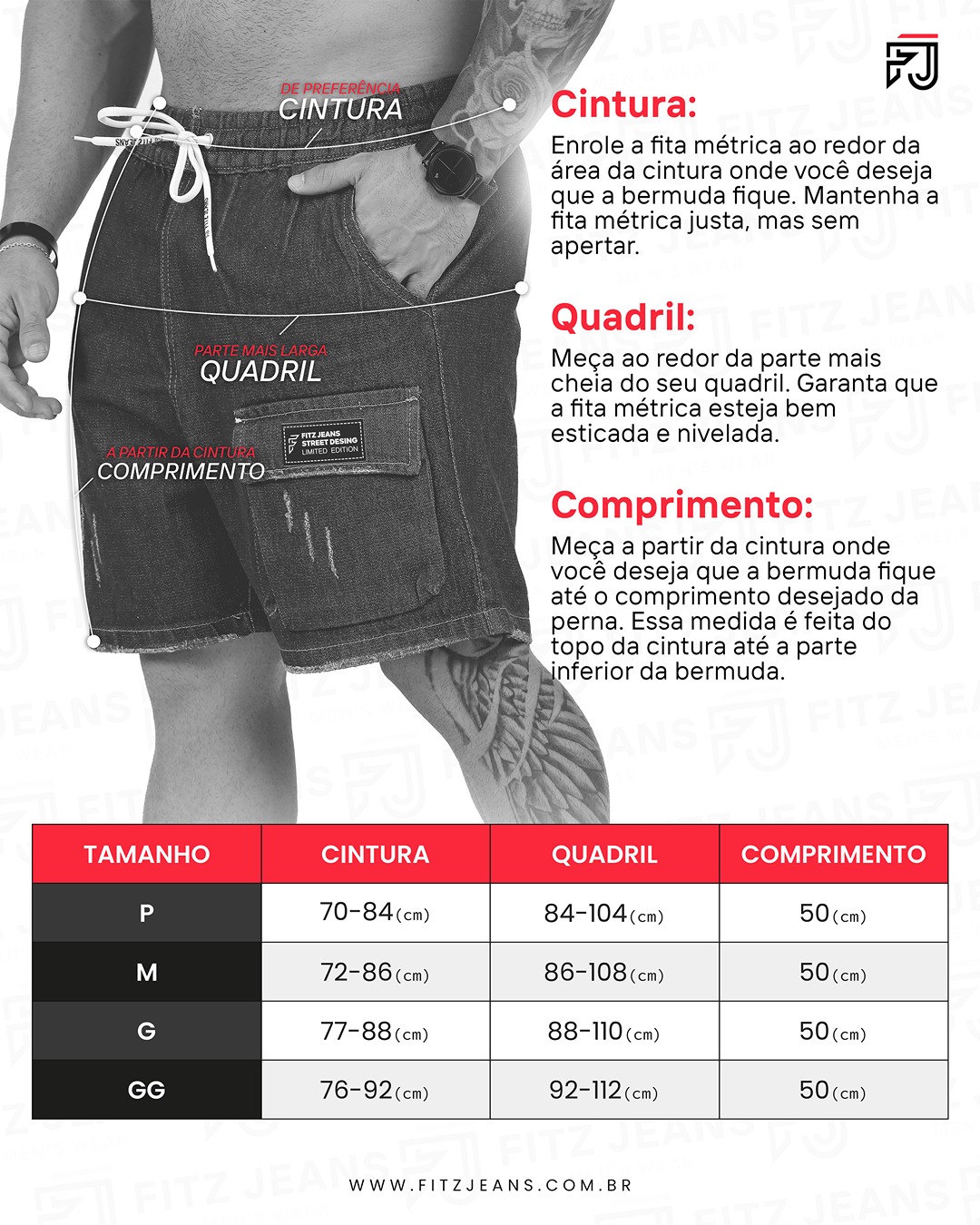 Tabela de medidas shorts sarja